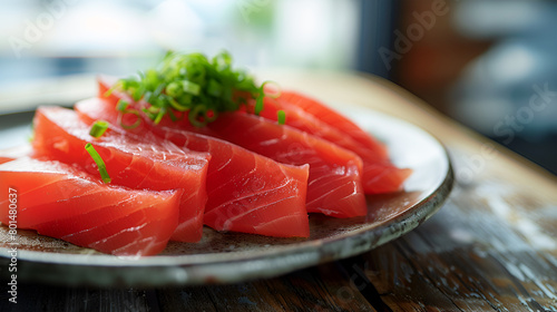 Slice raw tuna sashimi on wooden table