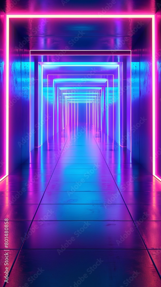 abstract background of futuristic corridor with purple and blue neon lights