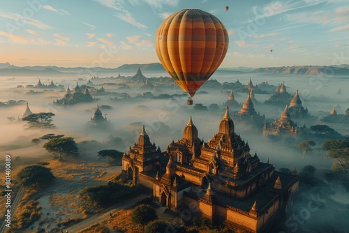 A hot air balloon hovers over ancient temples