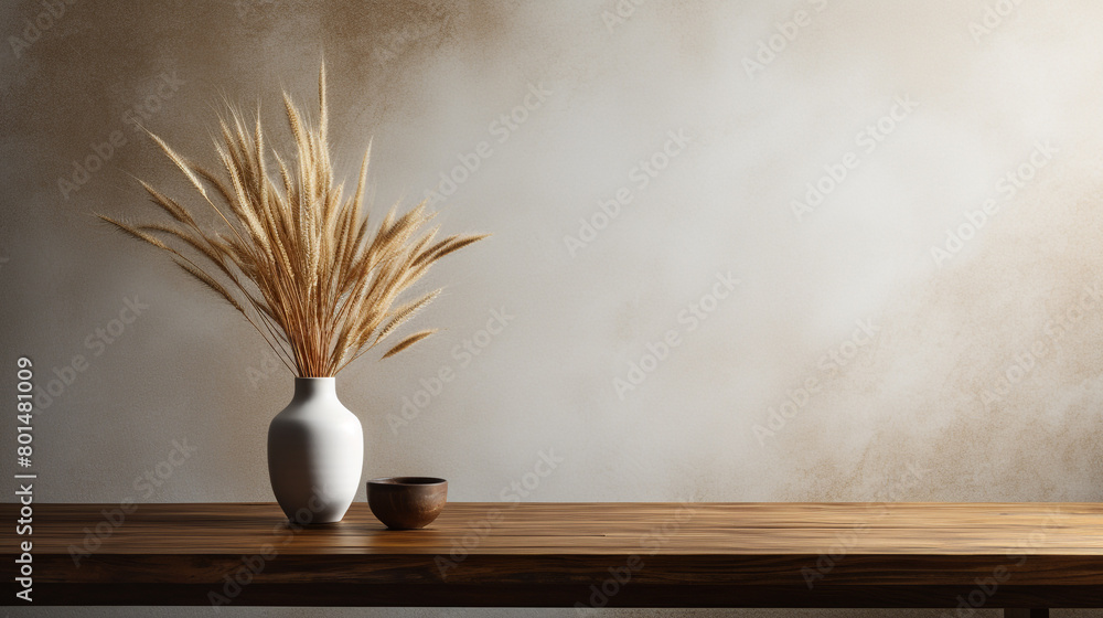 From an artistic perspective, this image highlights a wooden table adorned with a white ceramic vase filled with dry spikelets, evoking a sense of understated elegance in the modern setting.