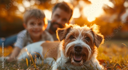 Close up of a happy family with their dog, a father and son playing together in the park at sunset. Cute Jack Russell Terrier lying on a grassy field