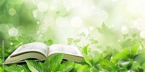 Open book on a background of green leaves with light bokeh