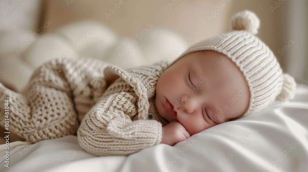 Newborn baby sleeping on a white bed in a bedroom, wearing a knitted onesie or romper. Baby fashion and style concept. Newborn baby sleeping on a white bed in a bedroom, wearing a knitted onesie or romper. Baby fashion and style concept.