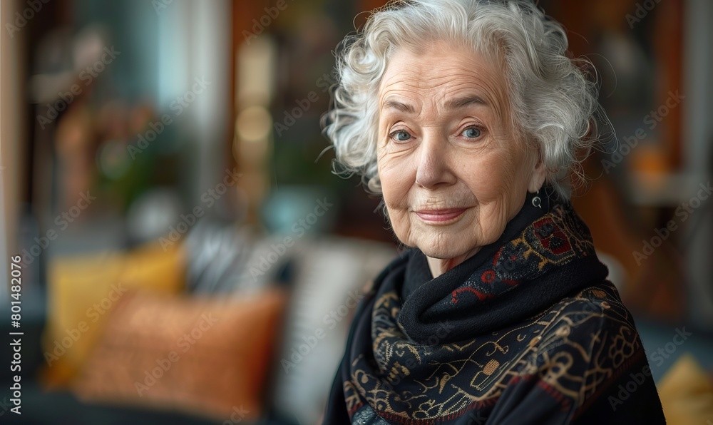 Portrait of positive elderly lady indoors