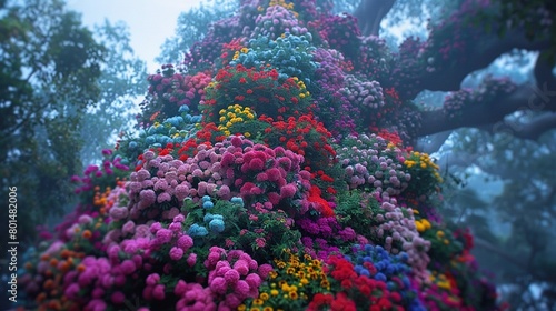  A dense cluster of vibrant blossoms thriving on a tree amidst a park during a hazy morning