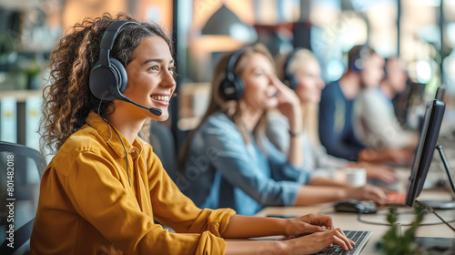 Attractive female customer service agent with headset working in call center