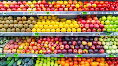 shelves lined with fresh fruit including apples  tomatoes  lemons  and bananas  in a supermarket  from a front view perspective.