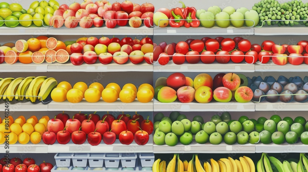 shelves lined with fresh fruit including apples, tomatoes, lemons, and bananas, in a supermarket, from a front view perspective. shelves lined with fresh fruit including apples, tomatoes, lemons, and bananas, in a supermarket, from a front view perspective.