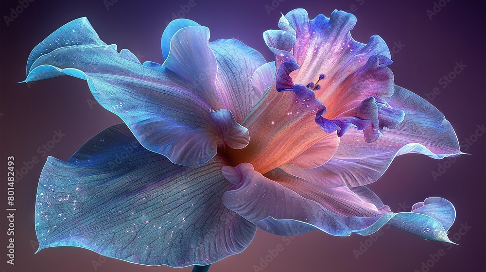 Blue flower with water droplets on its petals against a purple background Blue flower with water droplets on its petals against a purple background