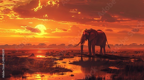 majestic elephant walking through savannah at sunset african wildlife illustration