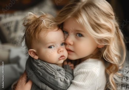 blonde girl kissing baby, cuddling with him on grey blanket