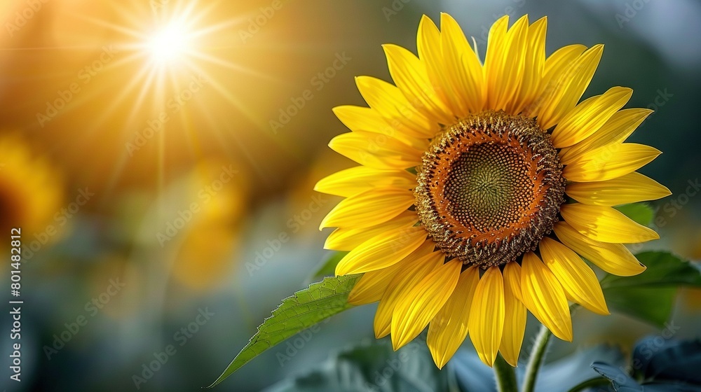 Fototapeta premium A sunflower in a field with sunlight