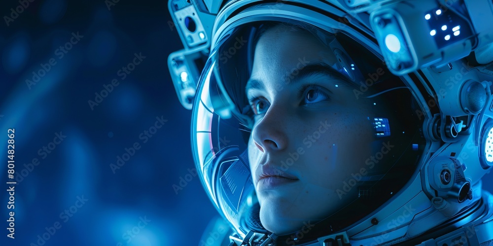 A futuristic astronaut wearing an advanced helmet with integrated digital displays gazes intently into the distance. Deep blue hues set an atmospheric tone.
