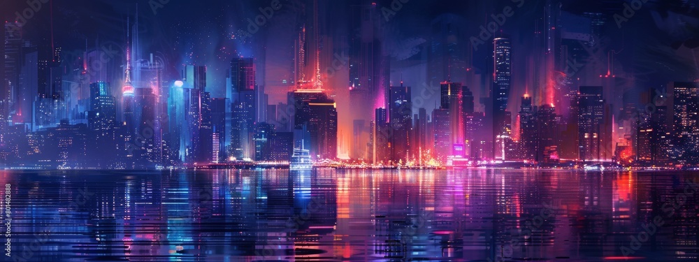 An abstract interpretation of a city skyline at night, with glowing lights and reflections. An abstract interpretation of a city skyline at night, with glowing lights and reflections.