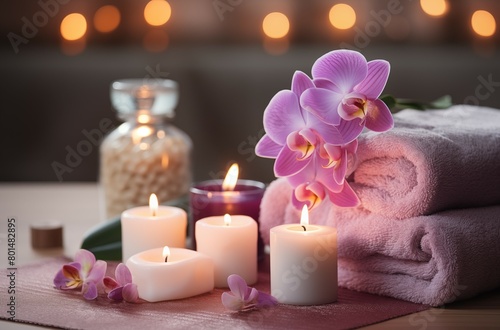  A spa scene with pink orchid flowers, lit candles