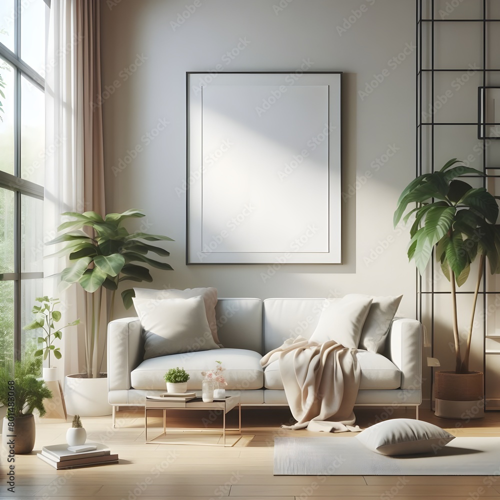 Empty mockup frame with long sofa in room Empty mockup frame with long sofa in room