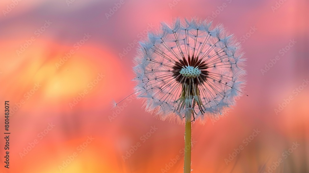   A dandelion's close-up against a pink and orange sky