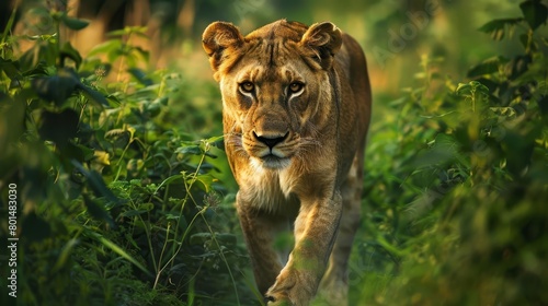 majestic lioness prowling through lush green wilderness wildlife photography photo