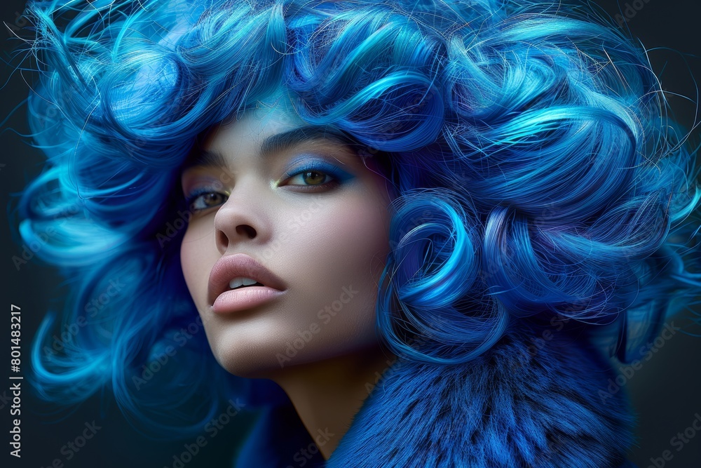 portrait of a girl with electric blue hair, make-up, fashion