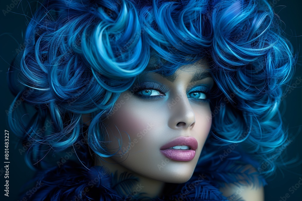 portrait of a girl with electric blue hair, make-up,  fashion