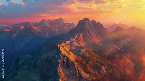 majestic mountain peaks and valleys illuminated by a fiery sunset aerial landscape view 3d illustration © Bijac