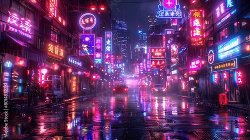 Neon signs illuminate the city street during nighttime, while rain adds to the ambiance as people walk down the wet pavement