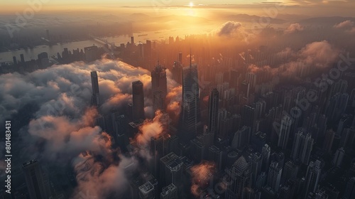 A high angle shot of a cityscape with tall skyscrapers during sunset covered with white clouds 