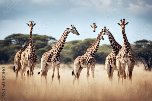  herd giraffes savannah giraffe africa savanna animal safari meadow grass nature green group hill mammal mountain plain flat serengeti summer tanzania travel ungulate vacation wild plateau sky 