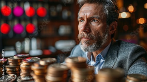 Man Sitting at Table With Stacks of Coins. Generative AI