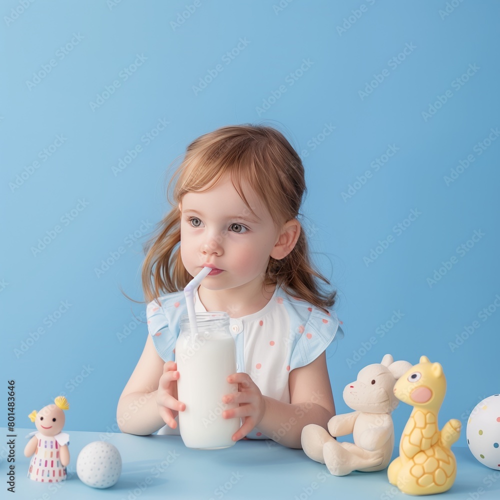 A cute little girl is drinking milk with a straw, surrounded by some toys on the blue background.