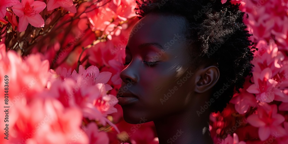 A tranquil profile of a black person with a striking contrast against vibrant pink flowers. A tranquil profile of a black person with a striking contrast against vibrant pink flowers.