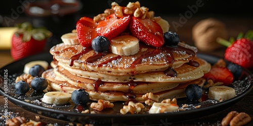 Pancakes stacked with strawberries, bananas, nuts, blueberries, chocolate, food photography © Влада Яковенко