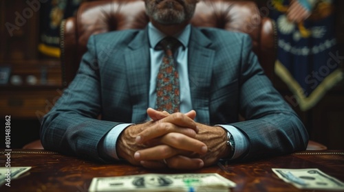 Man in Suit and Tie Sitting at Table With Money. Generative AI photo