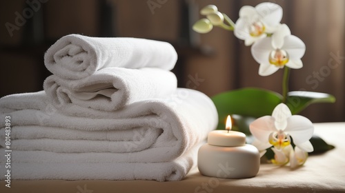  Stacked white towels   a lit candle   and a orchid flower on a wooden surface 