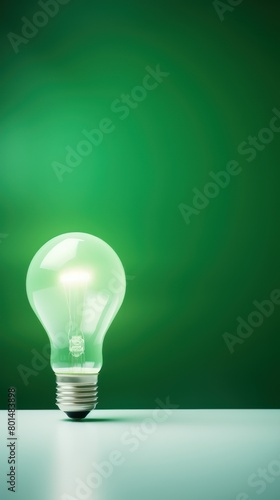 Green backdrop with illuminated lightbulb on a white platform symbolizing ideas and creativity business concept creative thinking innovation new idea