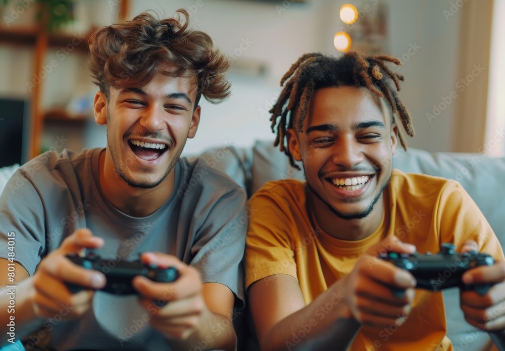 Two young men playing video games and laughing while sitting on the sofa at home, with their friends using game controllers in their hands. Two young men playing video games and laughing while sitting on the sofa at home, with their friends using game controllers in their hands.