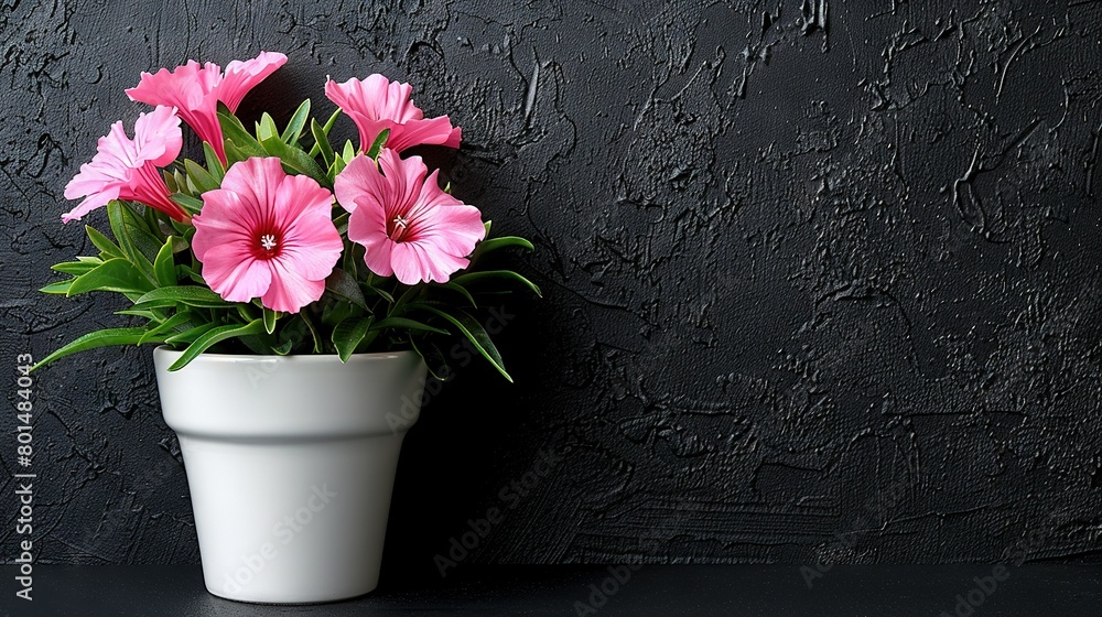 A white vase brimming with pink blooms rests atop a black table, set against a dark wall A white vase brimming with pink blooms rests atop a black table, set against a dark wall