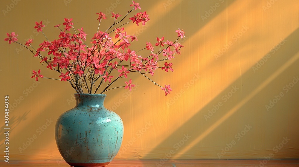   A vase of pink flowers atop a wooden table against a yellow backdrop