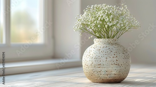   White vase with white flowers on wooden table by white window sill