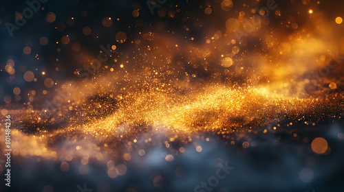 Golden glitter background with gold particles flying on black