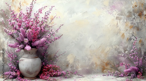   A vase with pink flowers in front of a second vase with pink flowers photo