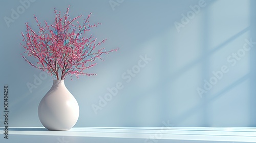  A white vase holding pink flowers sits atop a table adjacent to a blue wall and window