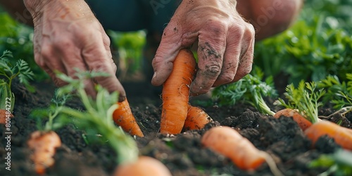 Close-up of a person digging up carrots in a vegetable garden photo