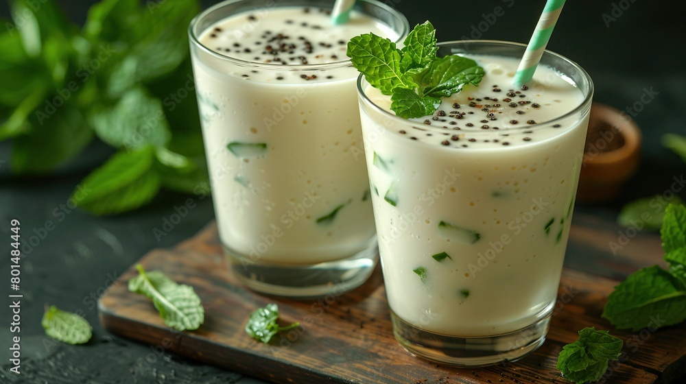 Two glasses of milkshake with mint sprinkles on a wooden cutting board Two glasses of milkshake with mint sprinkles on a wooden cutting board
