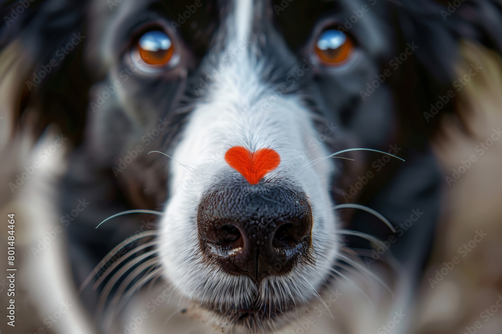 A closeup photo of the black and white border collie's nose with a red heart-shaped mark on it, against a clean background. 