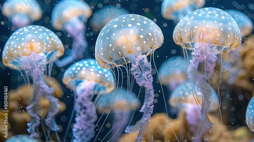   A cluster of translucent jellyfish swimming in an azure seascape, adorned with pearly spots © Sonya