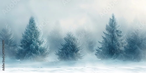 Seasonal Background with Snow covered Trees in a Pale Fog.