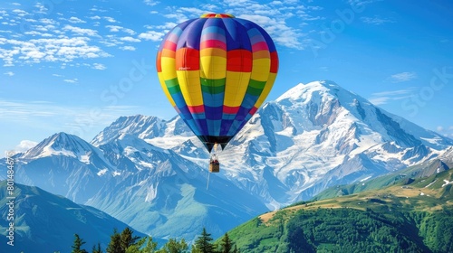 a colorful hot air balloon gliding gracefully over the breathtaking French Alps, as passengers inside the wicker basket enjoy the awe-inspiring aerial vista below.