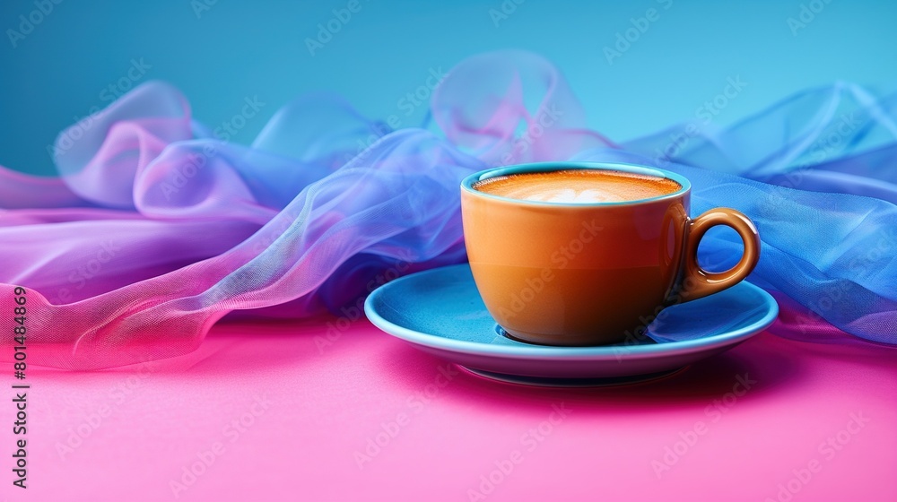 A cup of coffee sits on a saucer on a pink-and-blue plate against a pink-and-blue backdrop A cup of coffee sits on a saucer on a pink-and-blue plate against a pink-and-blue backdrop