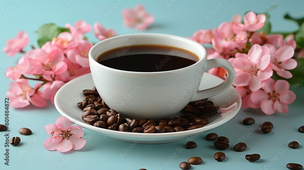 Coffee bean-filled saucer holds a cup of coffee beside pink flowers Coffee bean-filled saucer holds a cup of coffee beside pink flowers
